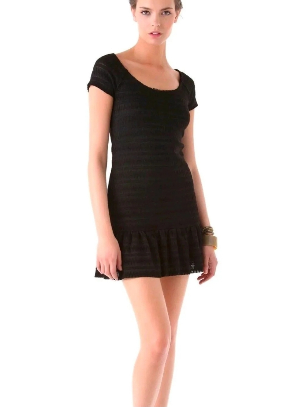 Free People Cozy Day Flounce Ruffled Boho Black Dress  Size M